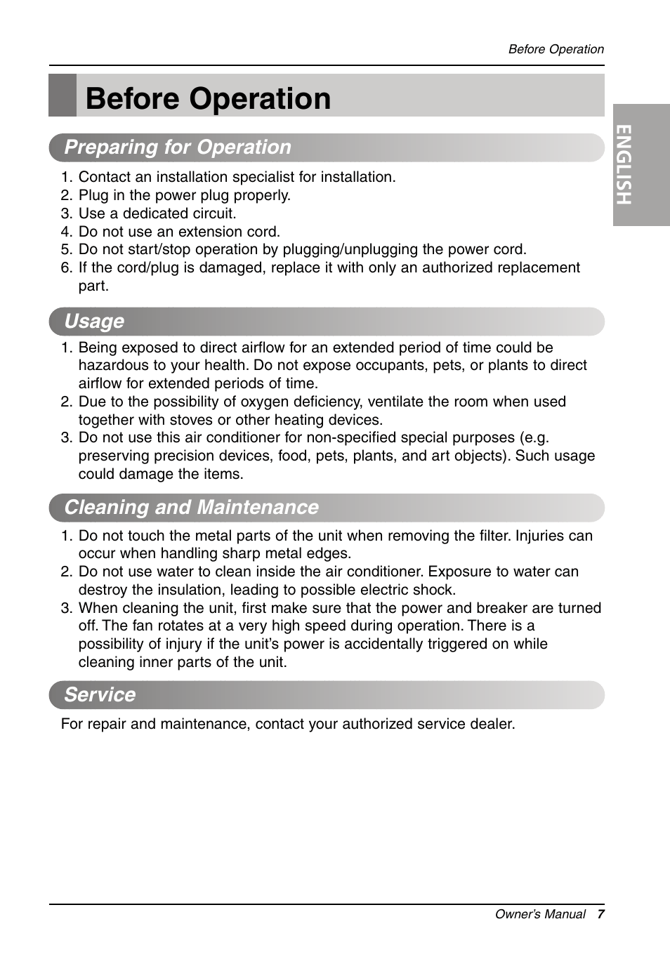 Before operation, English | LG LW701 HR User Manual | Page 7 / 44
