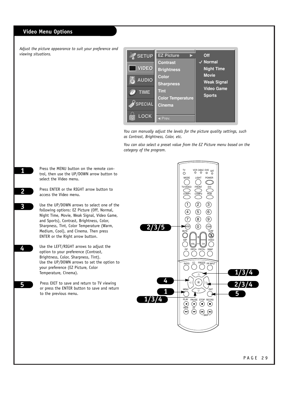 Video menu options | LG RU-52SZ61D User Manual | Page 29 / 60