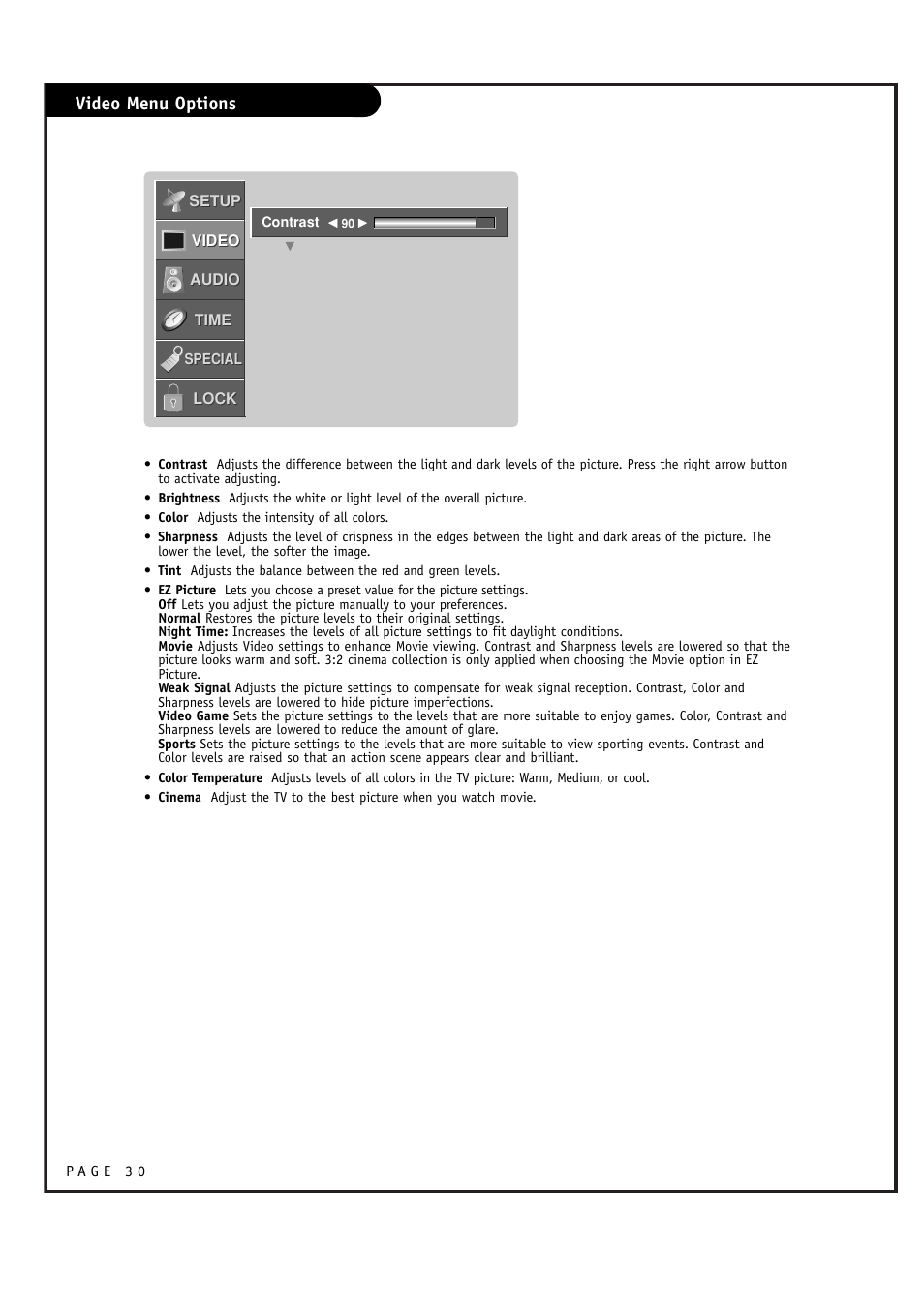 Video menu options | LG RU-52SZ61D User Manual | Page 30 / 60