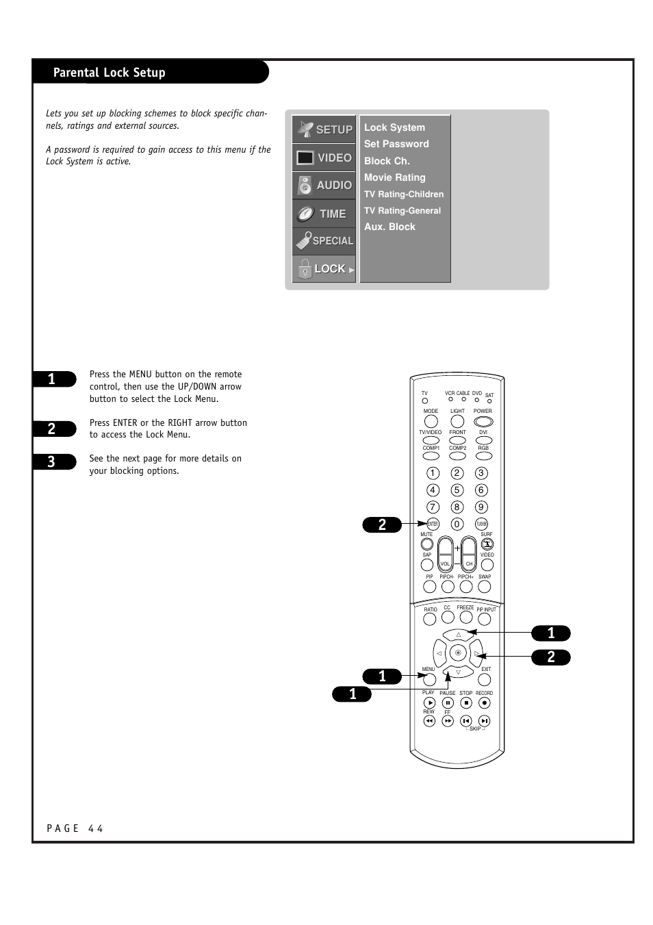 Parental lock setup, Setup, Setup video video audio audio time time lock lock | LG RU-52SZ61D User Manual | Page 44 / 60