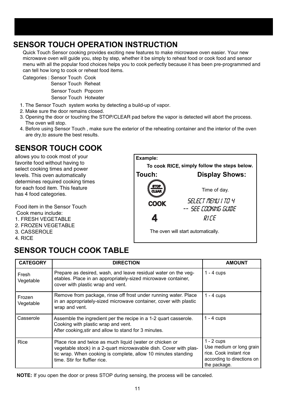 Sensor, Using your microwave oven, Touch cook table sensor | LG LRM2060ST User Manual | Page 11 / 25