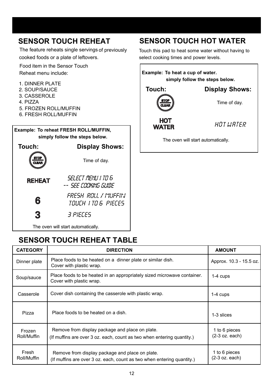 Using your microwave oven, Sensor touch reheat, Sensor touch hot water | Sensor touch reheat table | LG LRM2060ST User Manual | Page 12 / 25