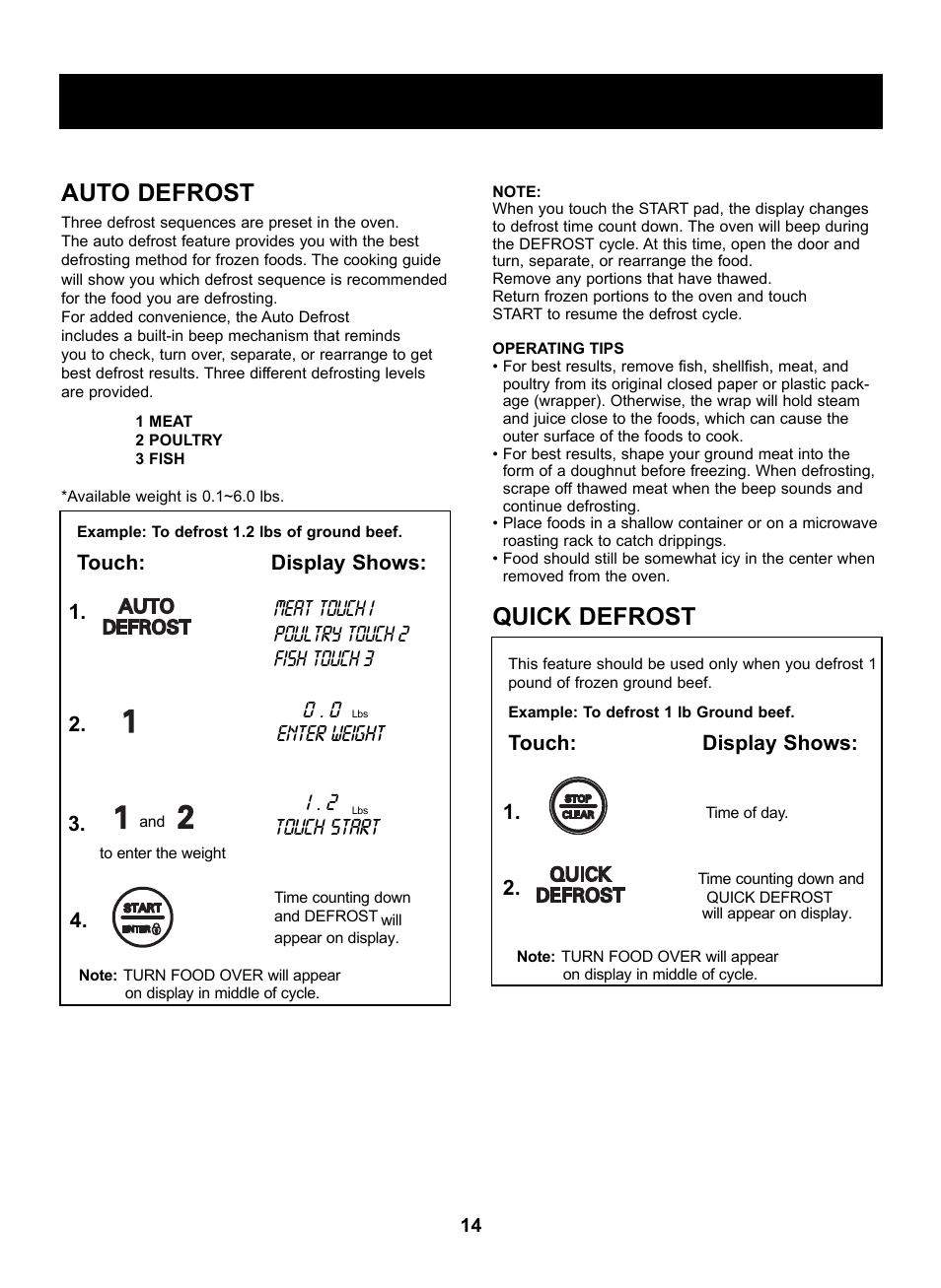 Using your microwave oven, Auto defrost, Quick defrost | Meat touch, Poultry touch, Fish touch, Touch start, Enter weight | LG LRM2060ST User Manual | Page 14 / 25