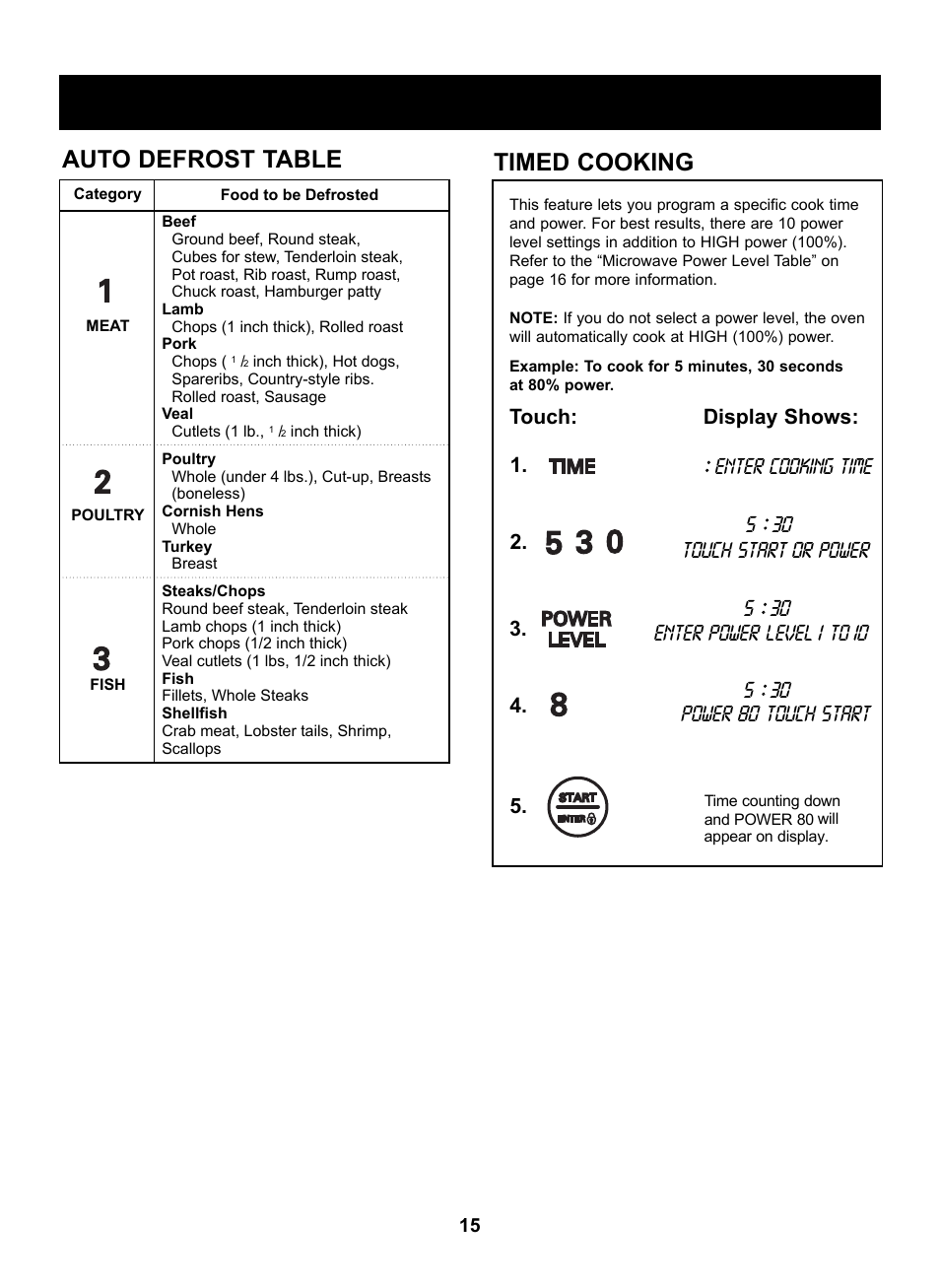 Using your microwave oven, English, Timed cooking | Auto defrost table, Enter cooking time, Touch start or power, Power, Touch start, Level, Enter power | LG LRM2060ST User Manual | Page 15 / 25