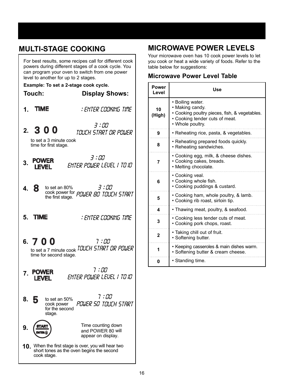 Using your microwave oven, Microwave power levels, Multi-stage cooking | LG LRM2060ST User Manual | Page 16 / 25