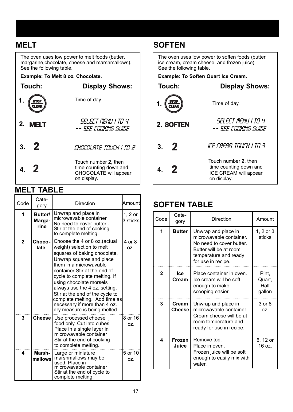 Using your microwave oven, Melt, Soften | Soften table, Melt table, Touch: display shows: 1. 2. 3. 4, Select menu 1 to 4 chocolate touch 1 to 2, Select menu 1 to 4, See cooking guide, See cooking guide - ice cream touch 1 to | LG LRM2060ST User Manual | Page 17 / 25