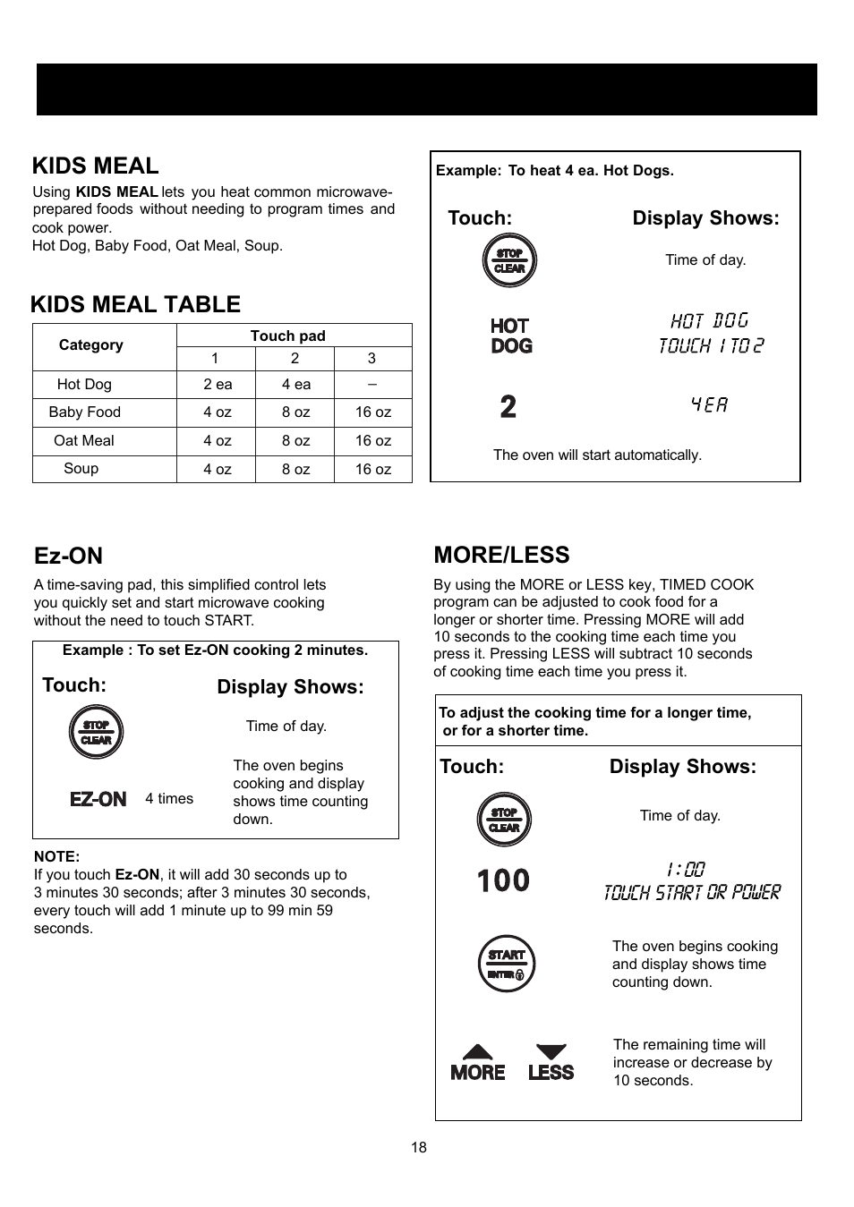 Using your microwave oven, More/less, Ez-on | Kids meal kids meal table, Touch start or power, Touch: display shows | LG LRM2060ST User Manual | Page 18 / 25