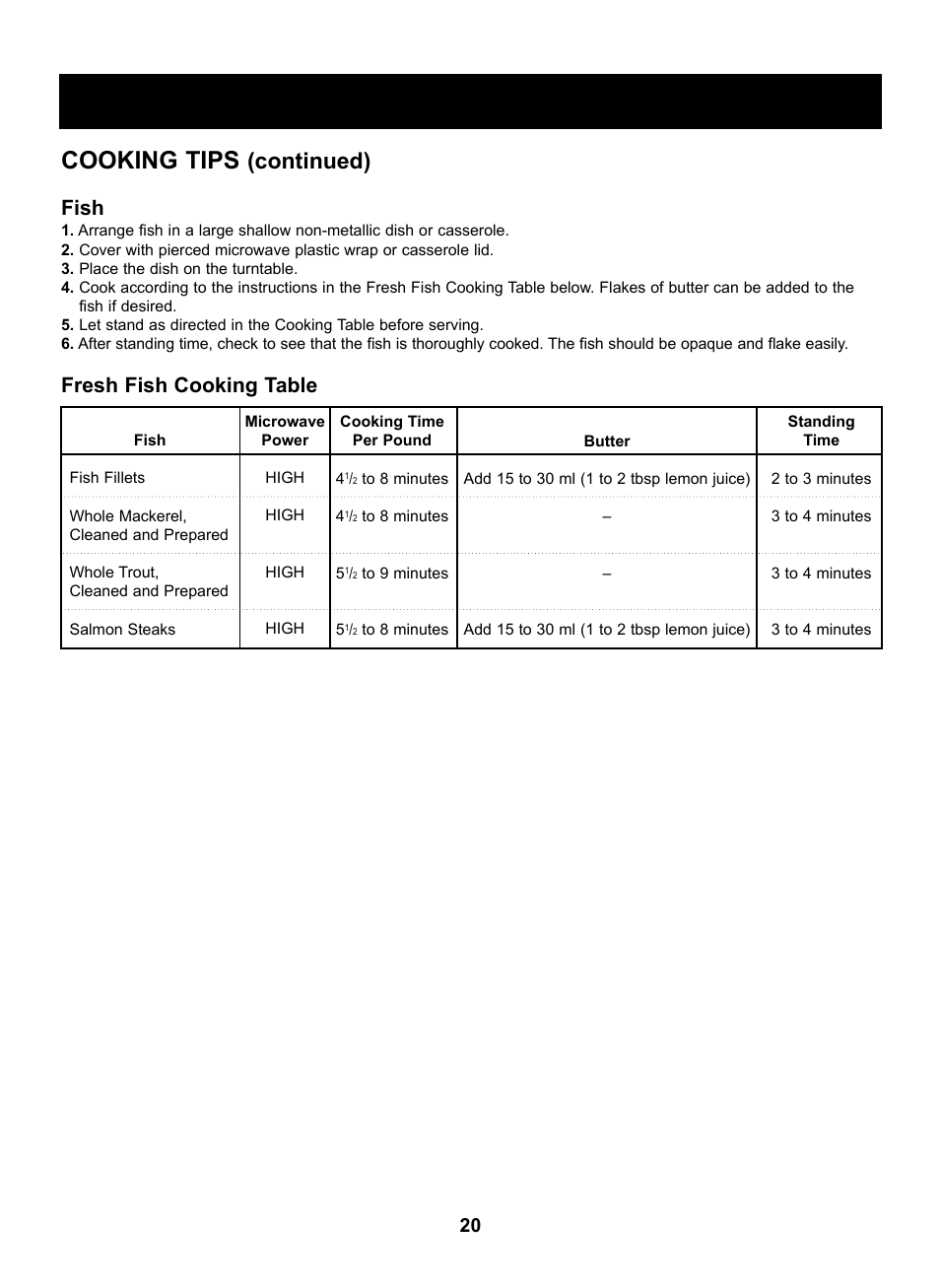 Using your microwave oven, Cooking tips, Continued) | Fish, Fresh fish cooking table | LG LRM2060ST User Manual | Page 20 / 25