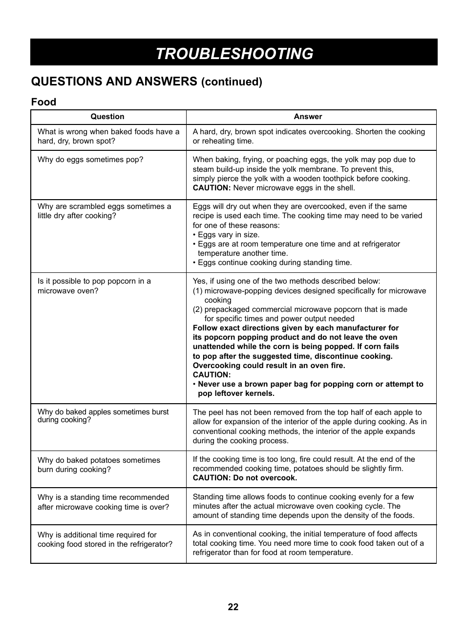 Troubleshooting, Questions and answers, Continued) | Food | LG LRM2060ST User Manual | Page 22 / 25