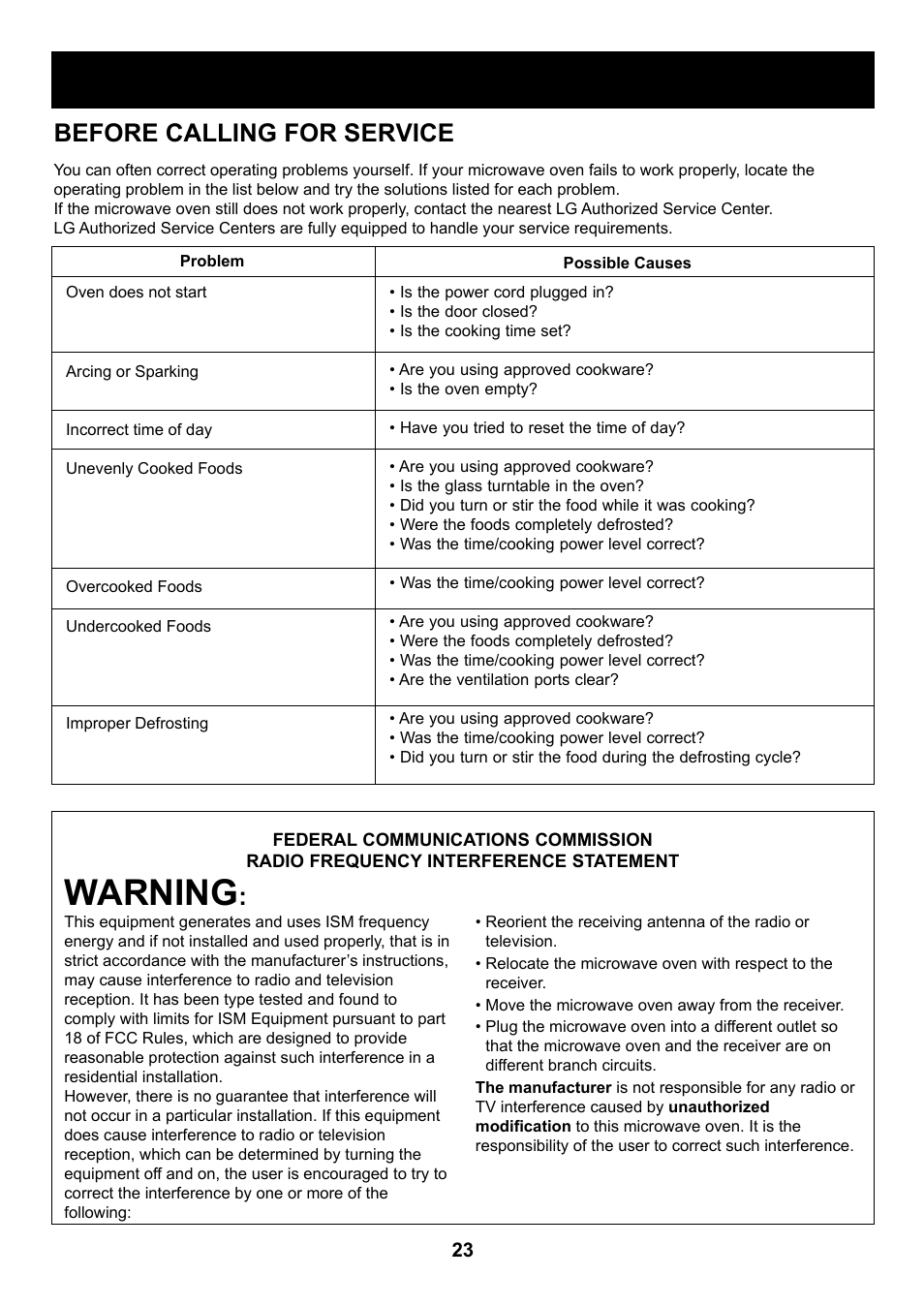 Warning, Troubleshooting, Before calling for service | LG LRM2060ST User Manual | Page 23 / 25