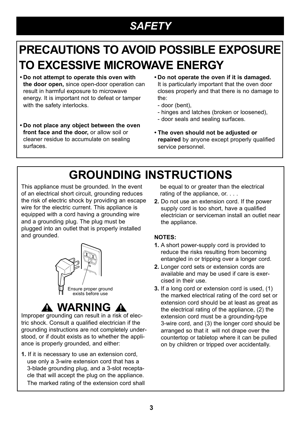 Grounding instructions, Warning, Safety | LG LRM2060ST User Manual | Page 3 / 25