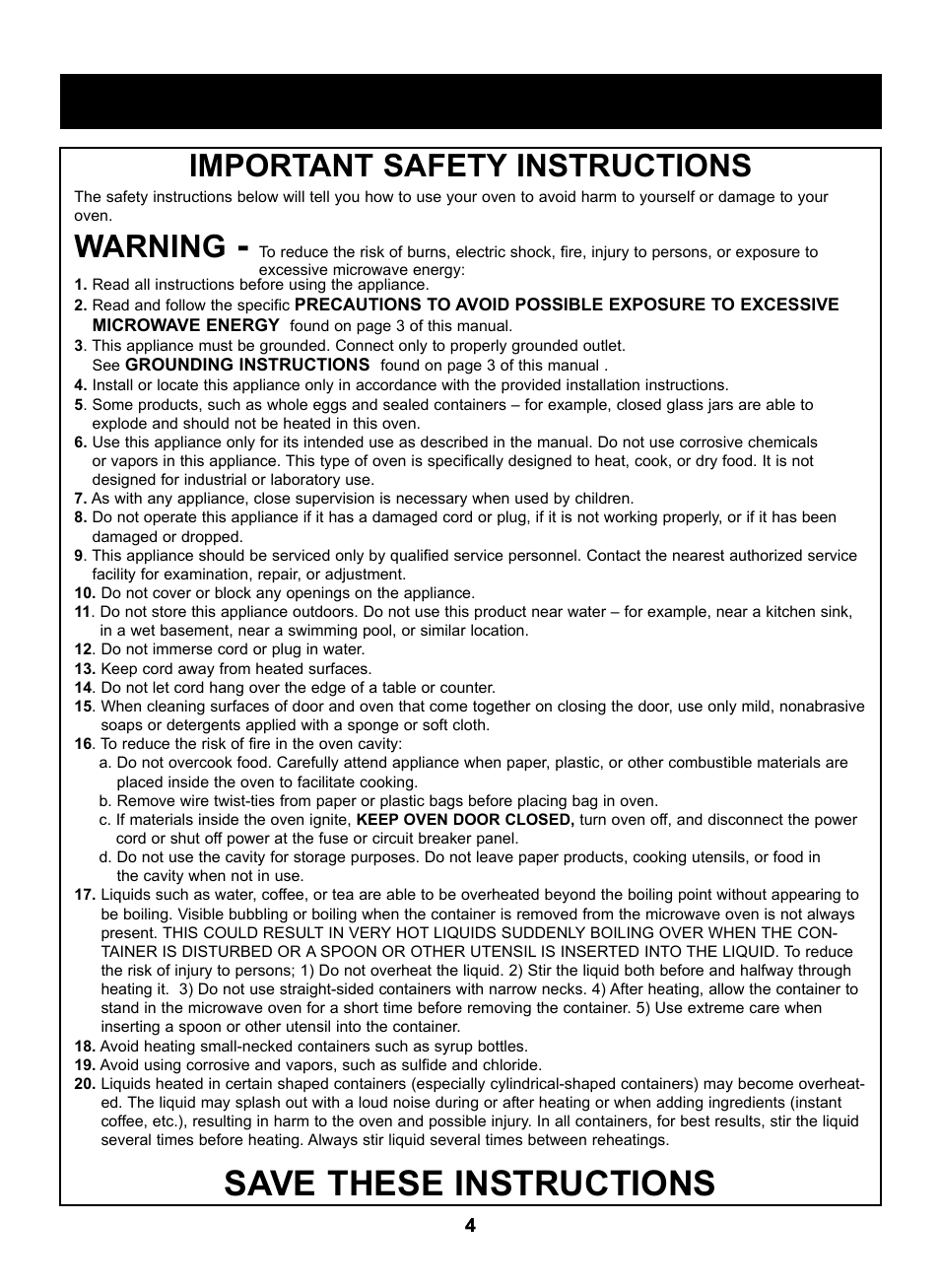 Save these instructions, Safety important safety instructions, Warning | LG LRM2060ST User Manual | Page 4 / 25