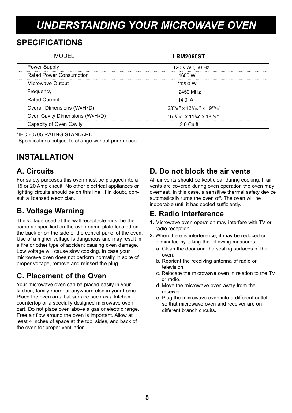 Understanding your microwave oven, Specifications, Installation | A. circuits, B. voltage warning, C. placement of the oven, D. do not block the air vents, E. radio interference | LG LRM2060ST User Manual | Page 5 / 25