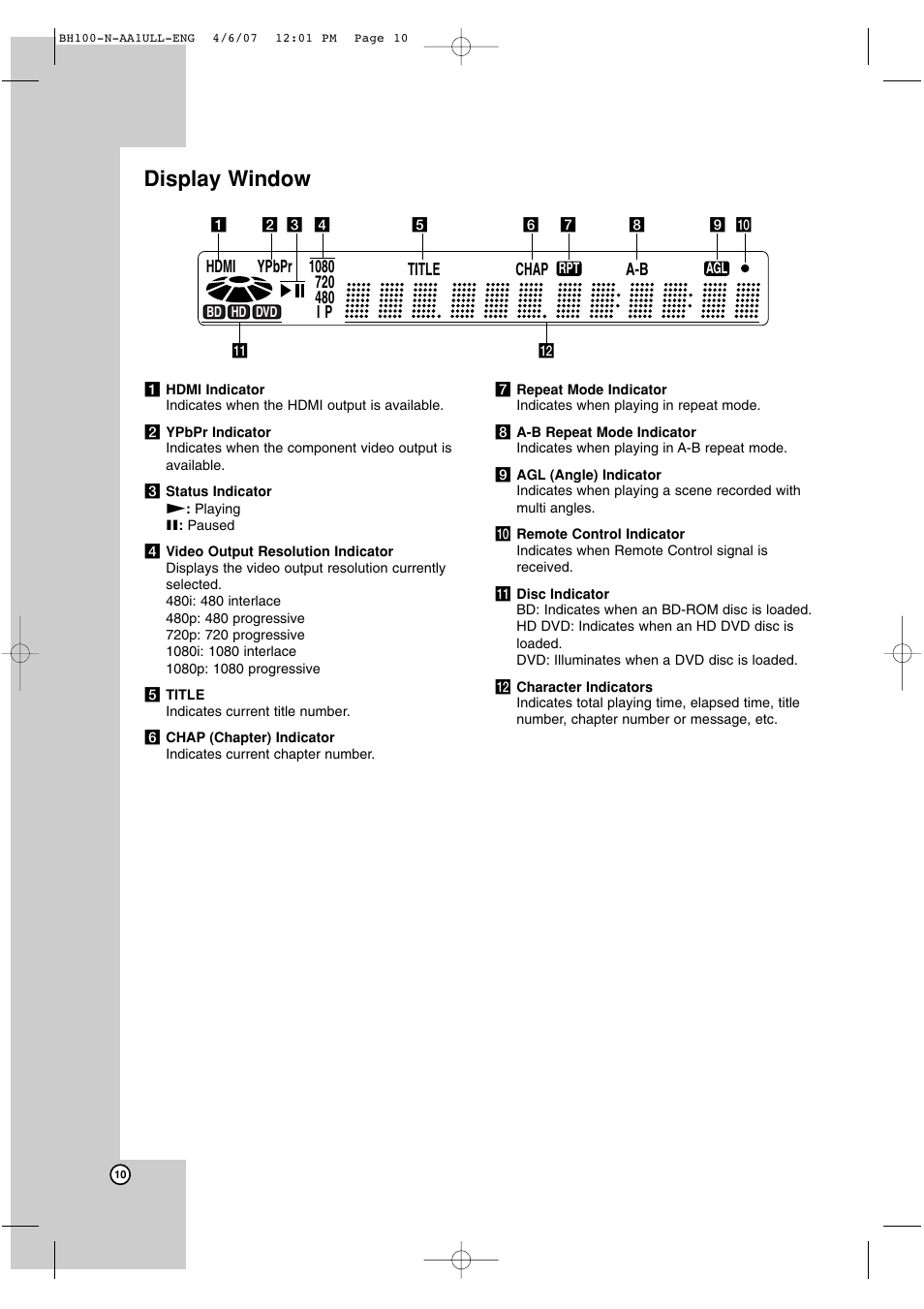 Display window | LG BH100 User Manual | Page 10 / 32