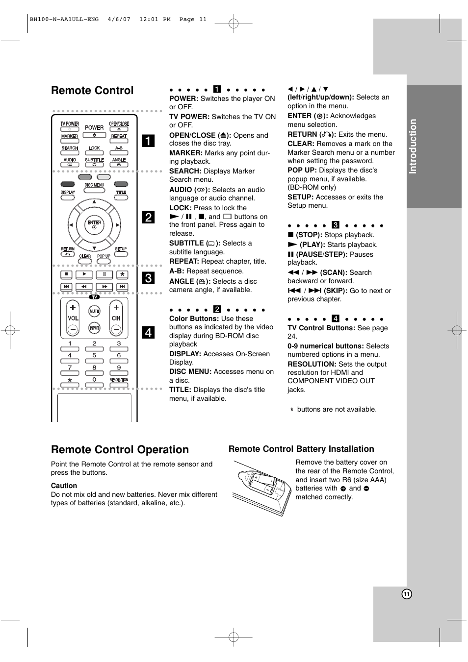 Ab c d, Remote control, Remote control operation | Introduction, Remote control battery installation | LG BH100 User Manual | Page 11 / 32