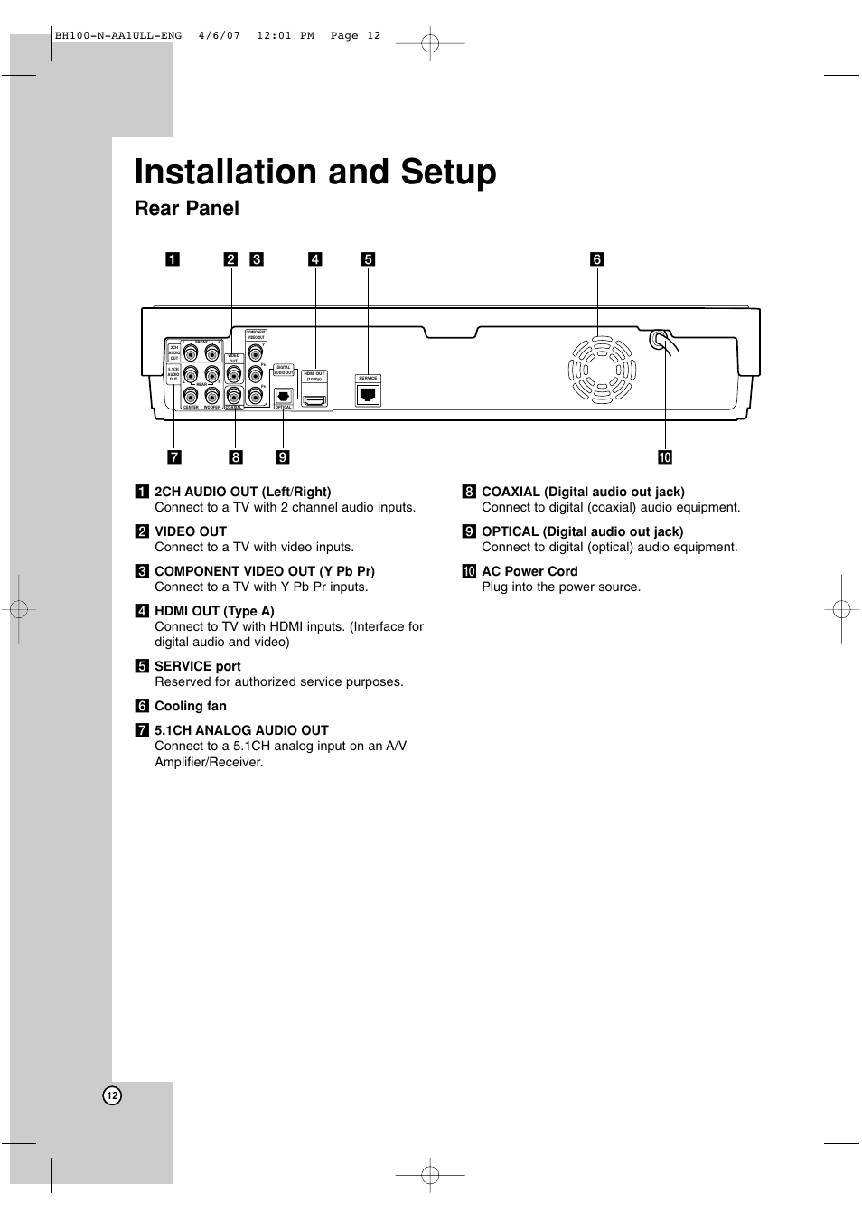 Installation and setup, Rear panel | LG BH100 User Manual | Page 12 / 32