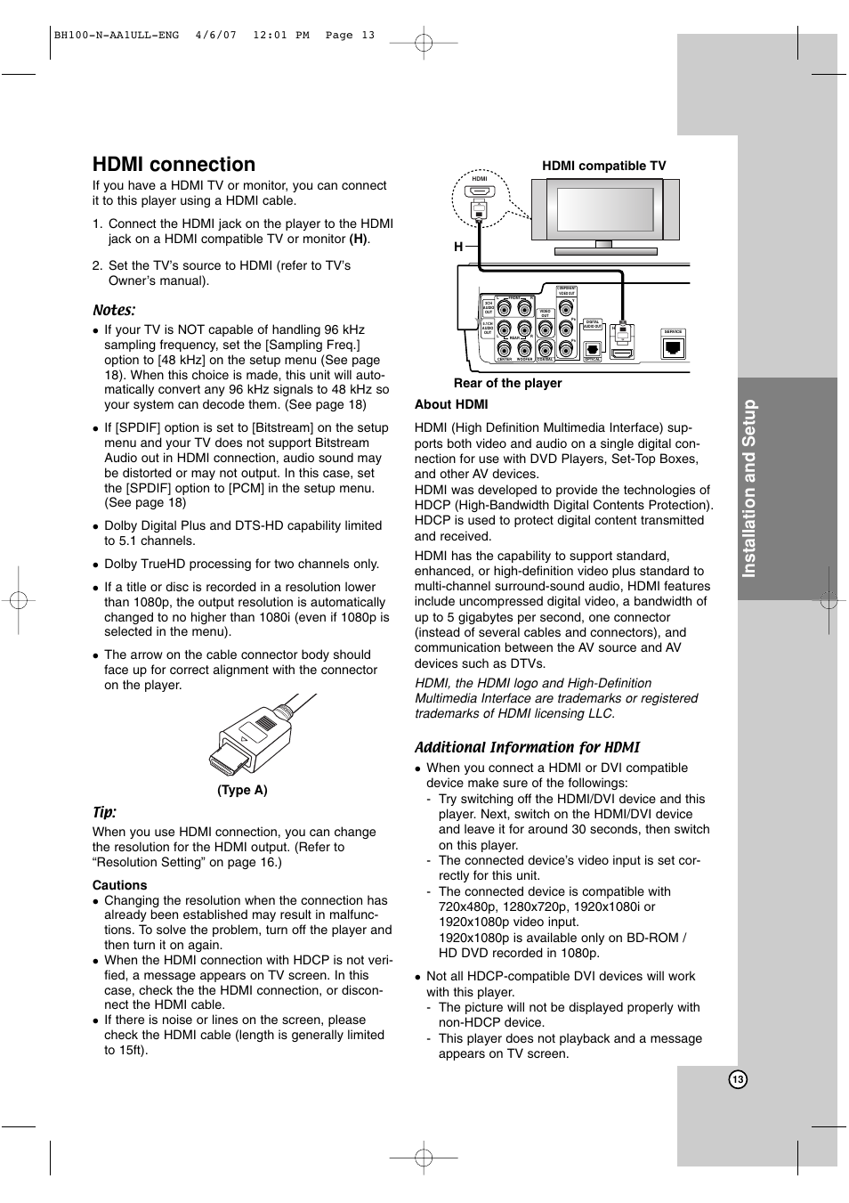 Hdmi connection, Installation and setup, Hdmi compatible tv h rear of the player (type a) | LG BH100 User Manual | Page 13 / 32