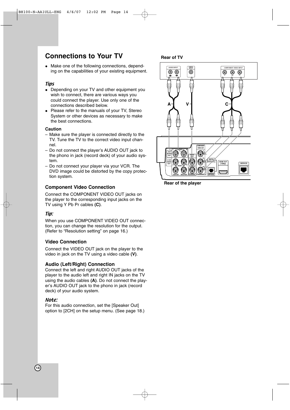 Connections to your tv, Component video connection, Video connection | Audio (left/right) connection, Rear of the player rear of tv a v c | LG BH100 User Manual | Page 14 / 32