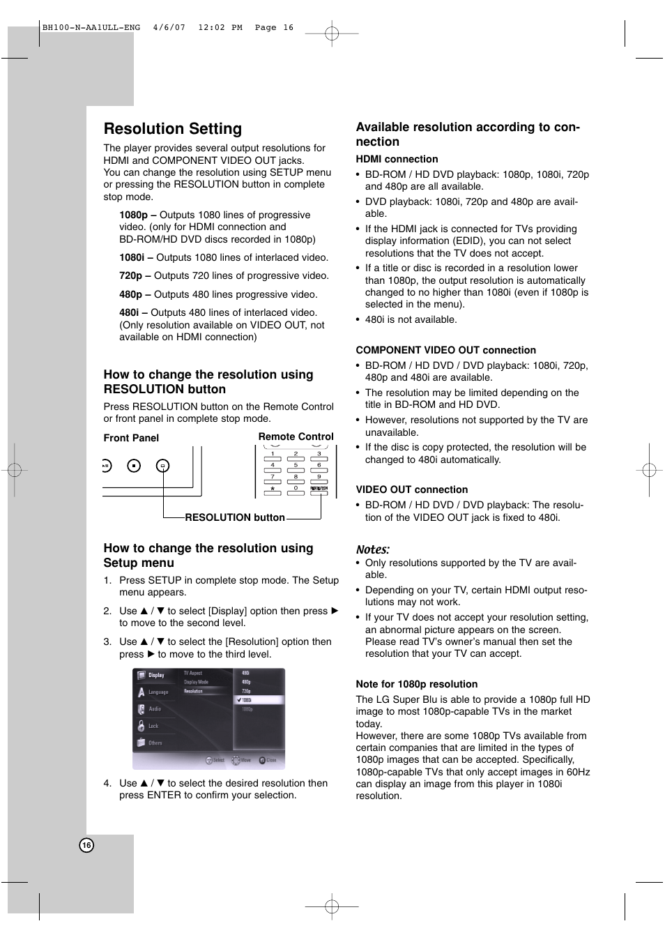 Resolution setting | LG BH100 User Manual | Page 16 / 32