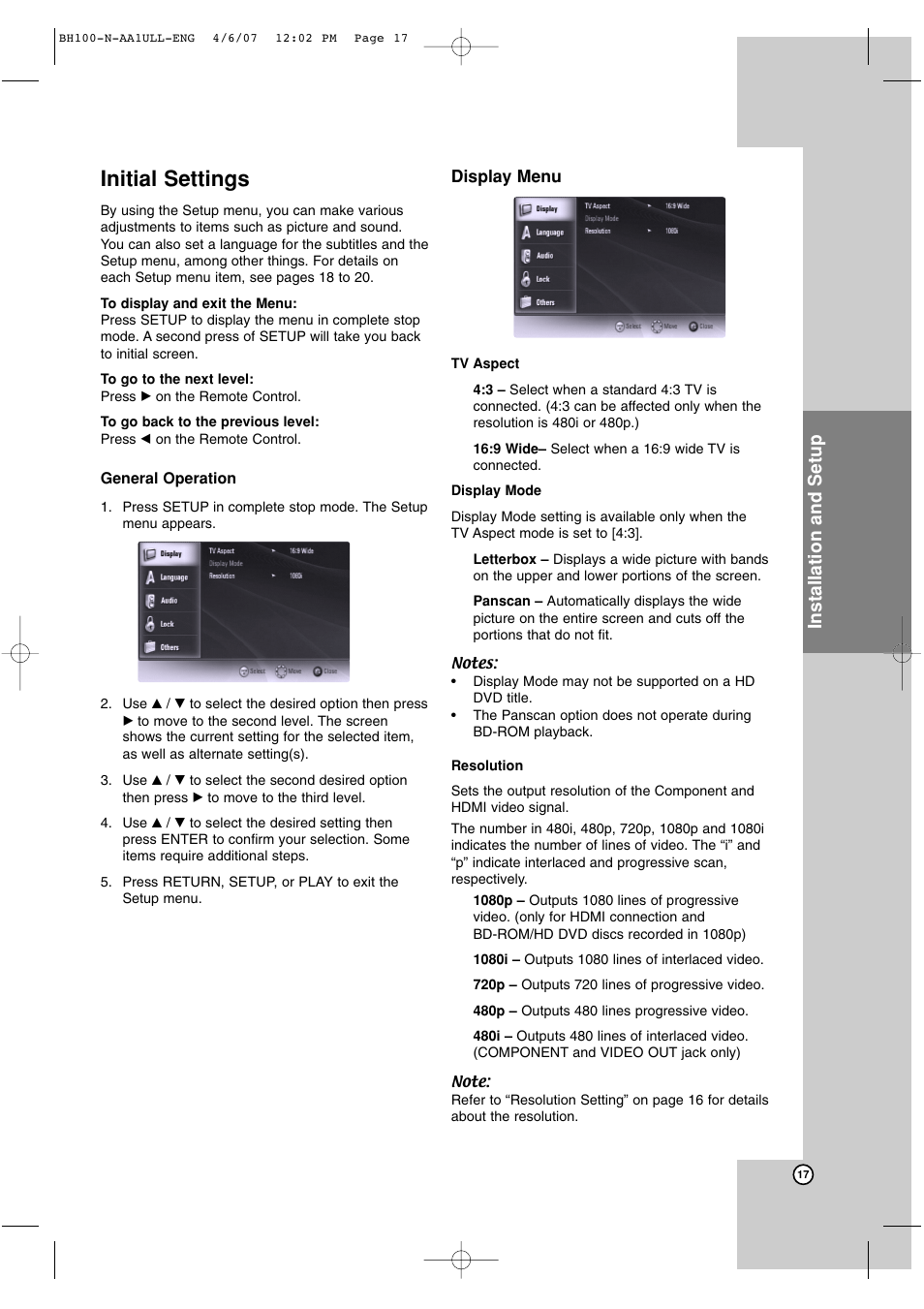 Initial settings, Installation and setup | LG BH100 User Manual | Page 17 / 32