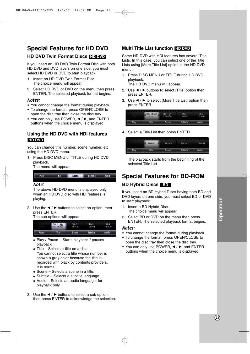Special features for hd dvd, Special features for bd-rom, Operation | LG BH100 User Manual | Page 23 / 32