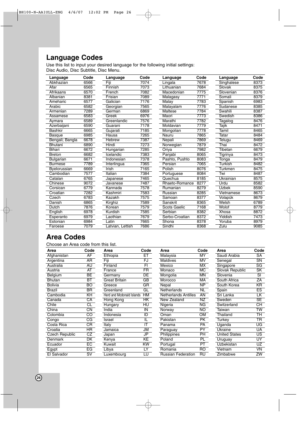 Area codes, Language codes | LG BH100 User Manual | Page 26 / 32