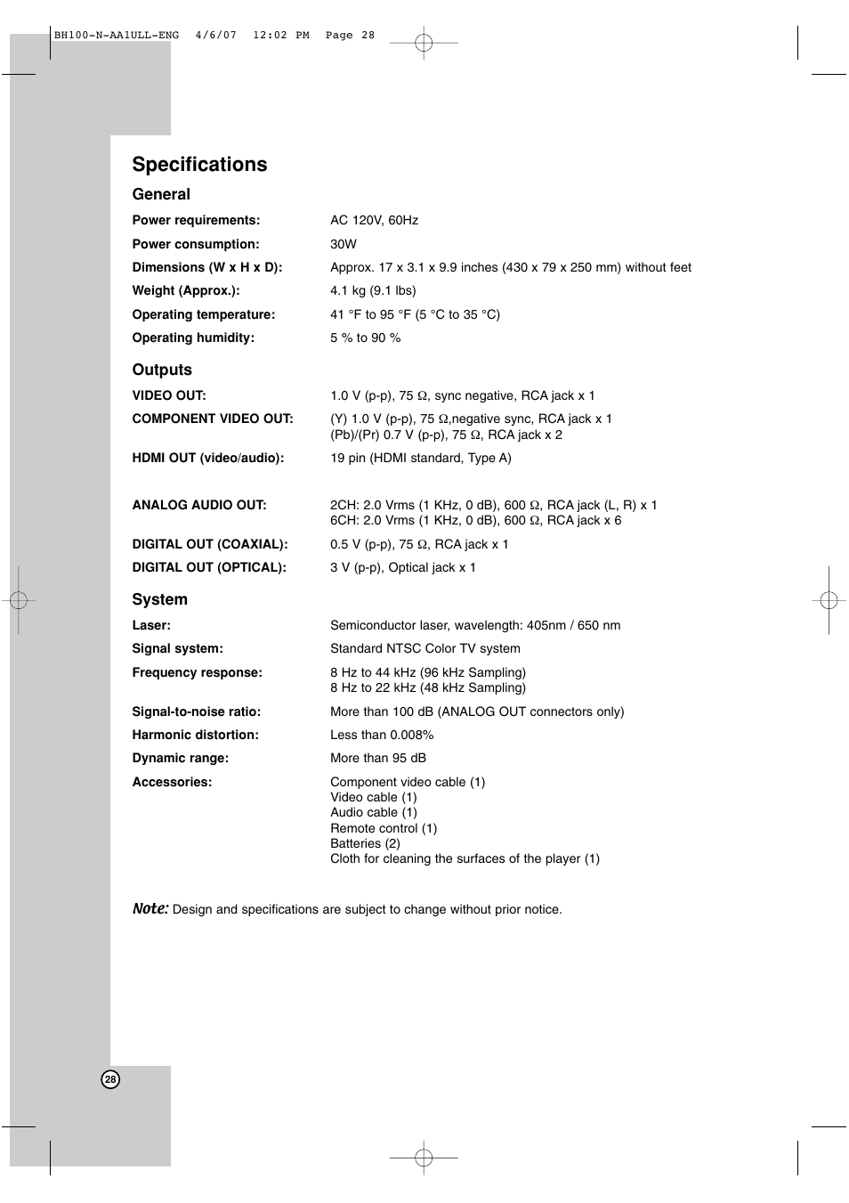 Specifications | LG BH100 User Manual | Page 28 / 32
