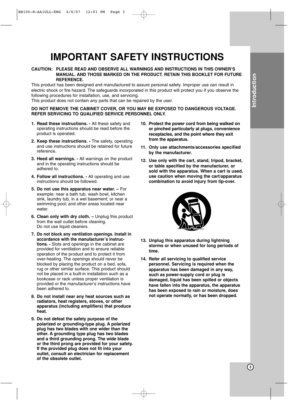 Important safety instructions, Introduction | LG BH100 User Manual | Page 3 / 32
