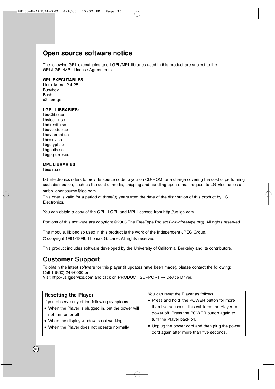 Open source software notice, Customer support | LG BH100 User Manual | Page 30 / 32