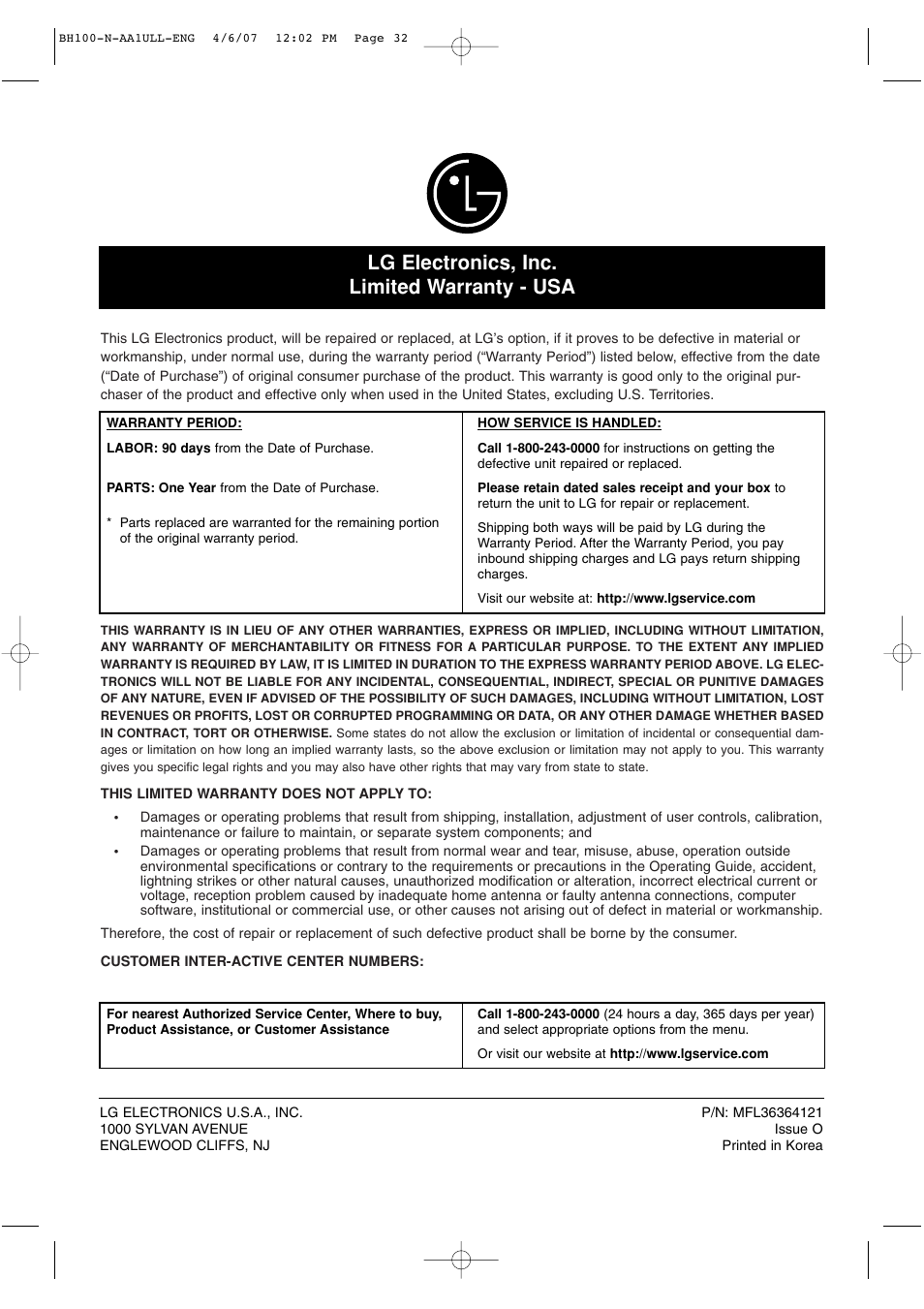 Lg electronics, inc. limited warranty - usa | LG BH100 User Manual | Page 32 / 32
