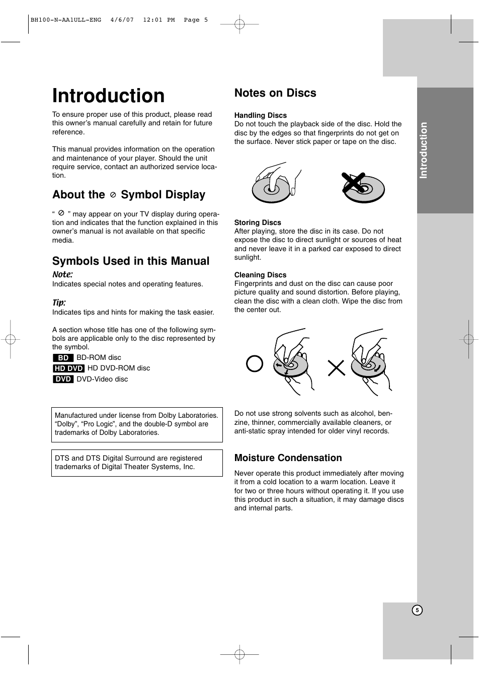 Introduction, About the symbol display, Symbols used in this manual | LG BH100 User Manual | Page 5 / 32