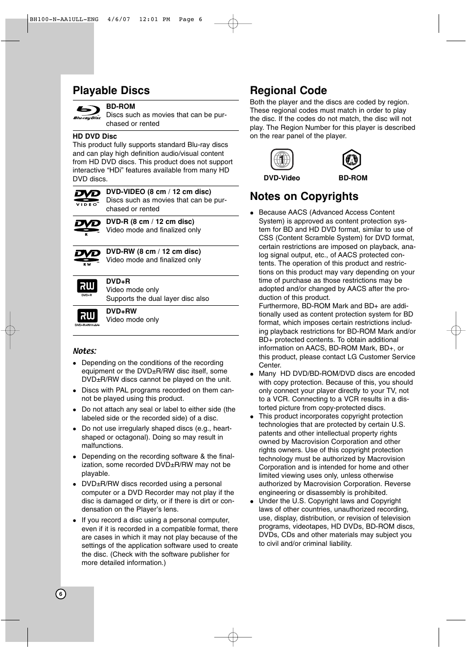Playable discs, Regional code | LG BH100 User Manual | Page 6 / 32