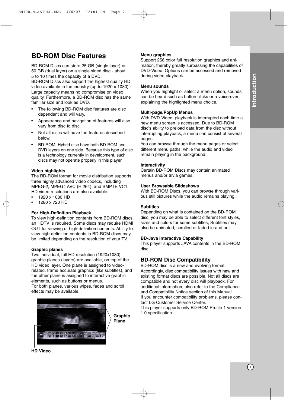 Bd-rom disc features, Introduction | LG BH100 User Manual | Page 7 / 32