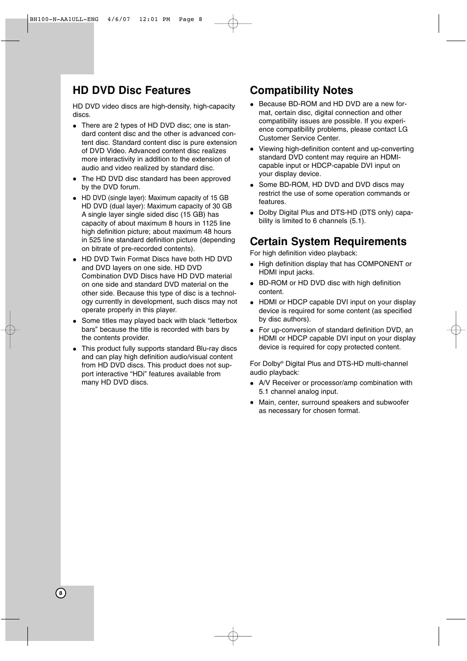Hd dvd disc features, Certain system requirements | LG BH100 User Manual | Page 8 / 32
