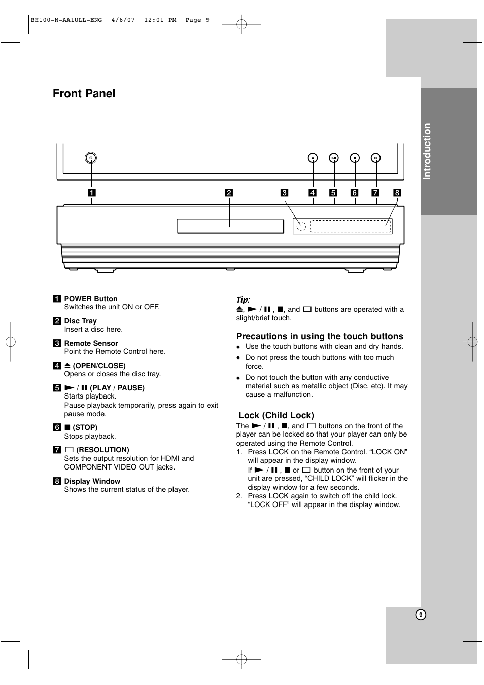 Front panel, Introduction | LG BH100 User Manual | Page 9 / 32