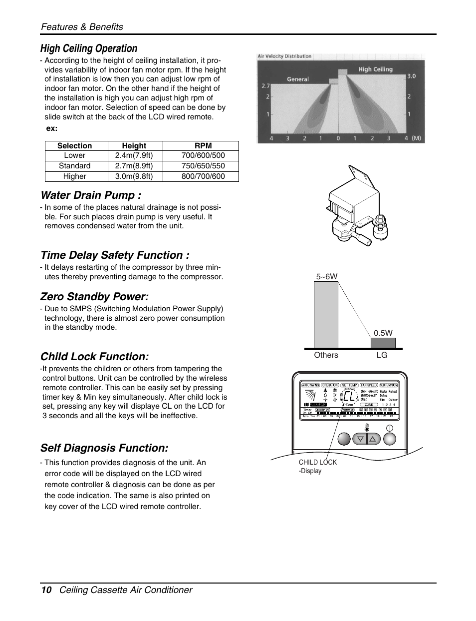 High ceiling operation, Water drain pump, Time delay safety function | Zero standby power, Child lock function, Self diagnosis function | LG LCN240CP User Manual | Page 10 / 61