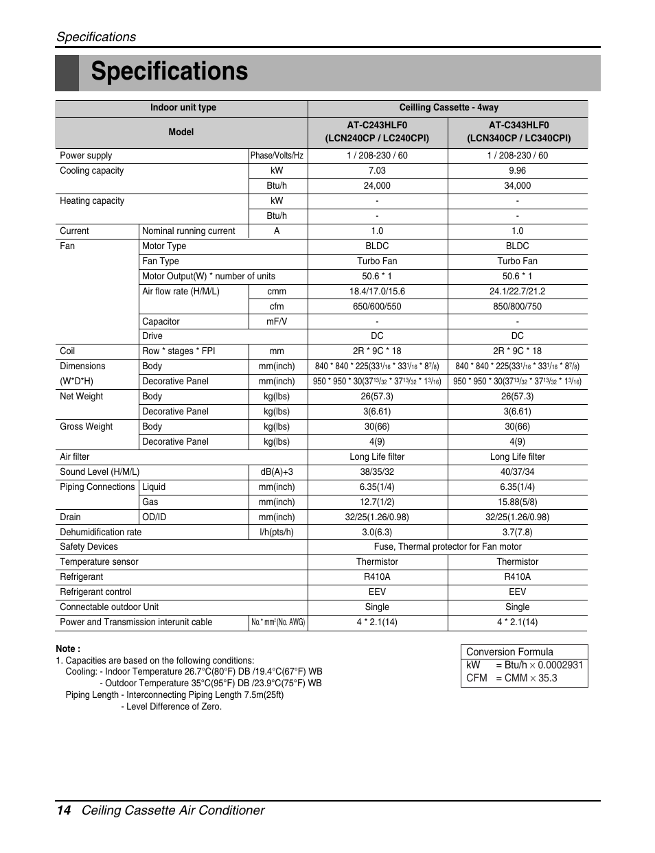 Specifications, 14 ceiling cassette air conditioner specifications | LG LCN240CP User Manual | Page 14 / 61