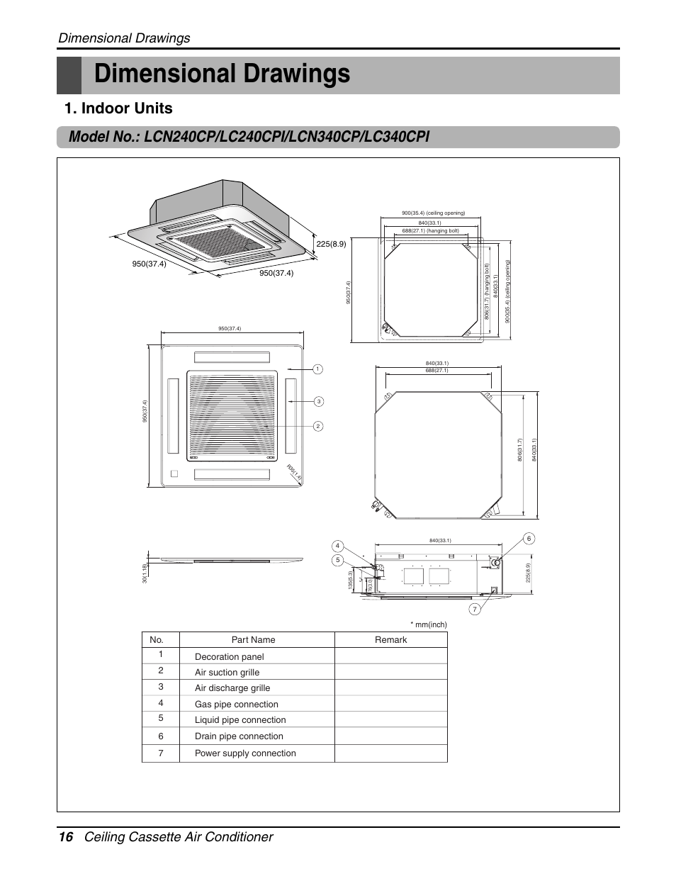 16 ceiling cassette air conditioner, Dimensional drawings | LG LCN240CP User Manual | Page 16 / 61