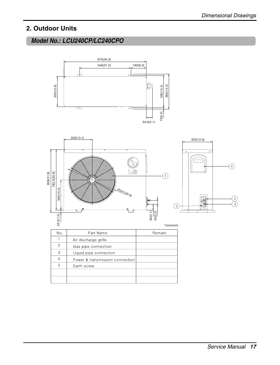 Service manual 17, Dimensional drawings | LG LCN240CP User Manual | Page 17 / 61