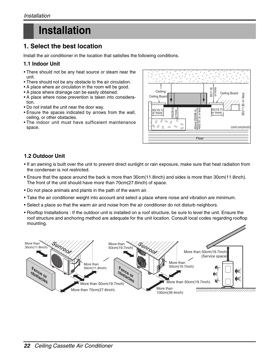 Installation, Select the best location, Sunr oof | 22 ceiling cassette air conditioner installation, 2 outdoor unit, 1 indoor unit | LG LCN240CP User Manual | Page 22 / 61