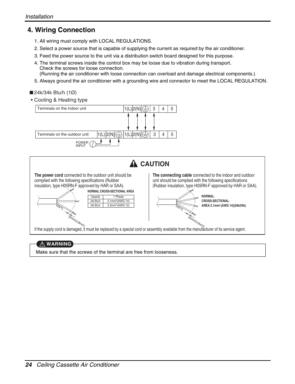 Wiring connection, Caution, 24 ceiling cassette air conditioner installation | LG LCN240CP User Manual | Page 24 / 61
