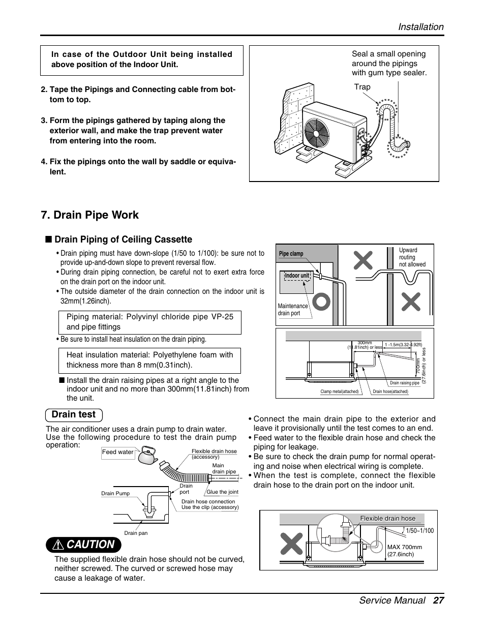 Drain pipe work, Caution, Service manual 27 installation | Drain piping of ceiling cassette, Drain test | LG LCN240CP User Manual | Page 27 / 61