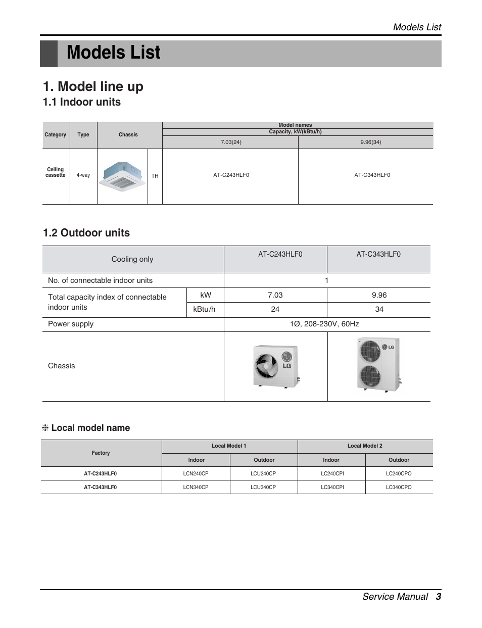 Models list, Model line up, 2 outdoor units | 1 indoor units, Models list service manual 3, Local model name | LG LCN240CP User Manual | Page 3 / 61