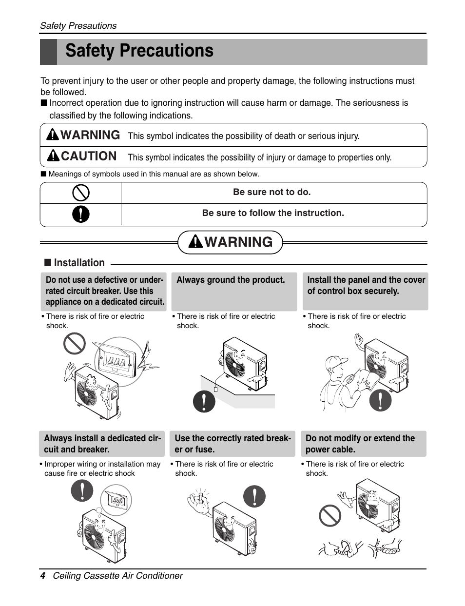 Safety precautions, Installation | LG LCN240CP User Manual | Page 4 / 61