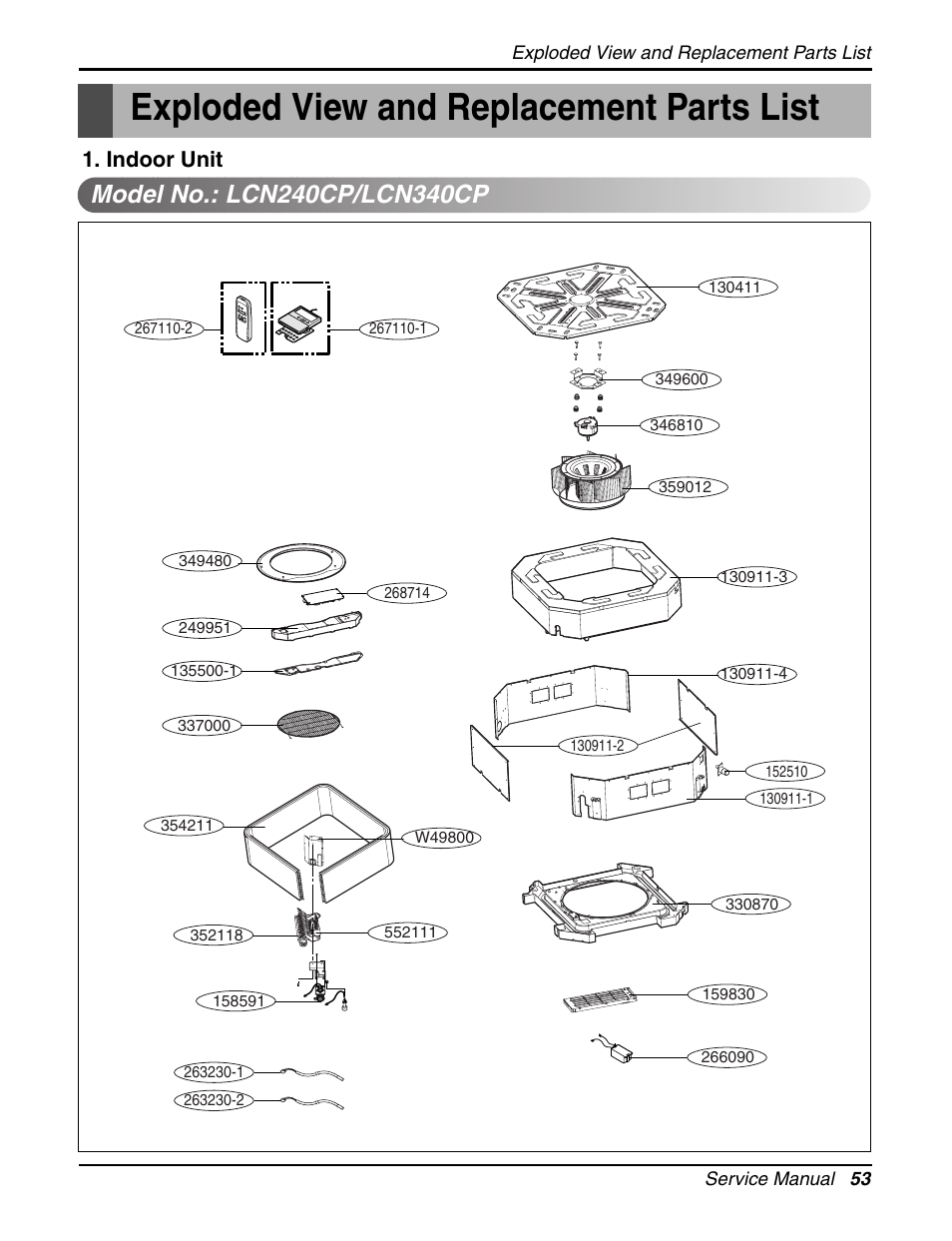 Exploded view and replacement parts list, Indoor unit | LG LCN240CP User Manual | Page 53 / 61