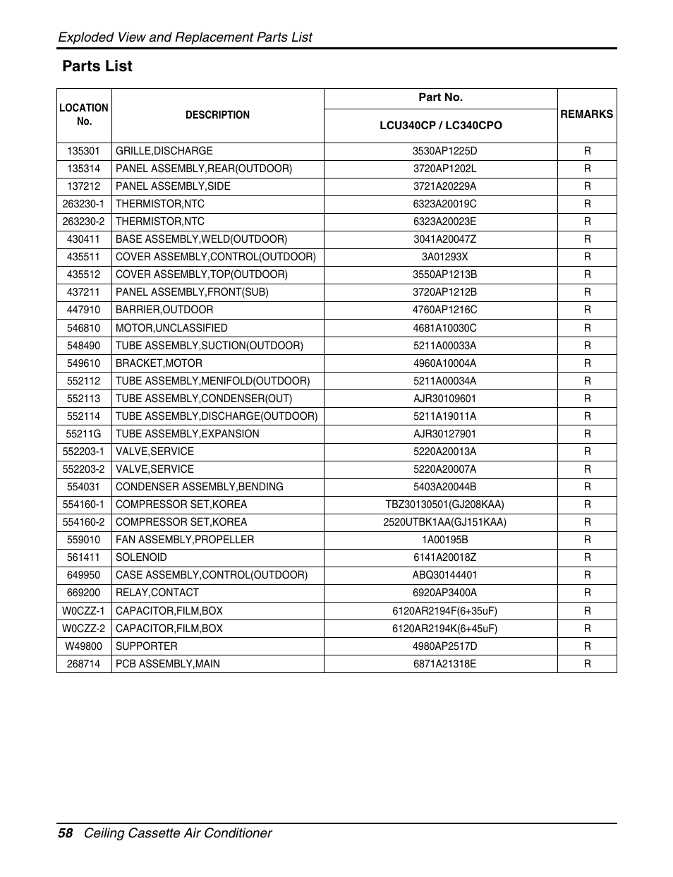 Parts list | LG LCN240CP User Manual | Page 58 / 61