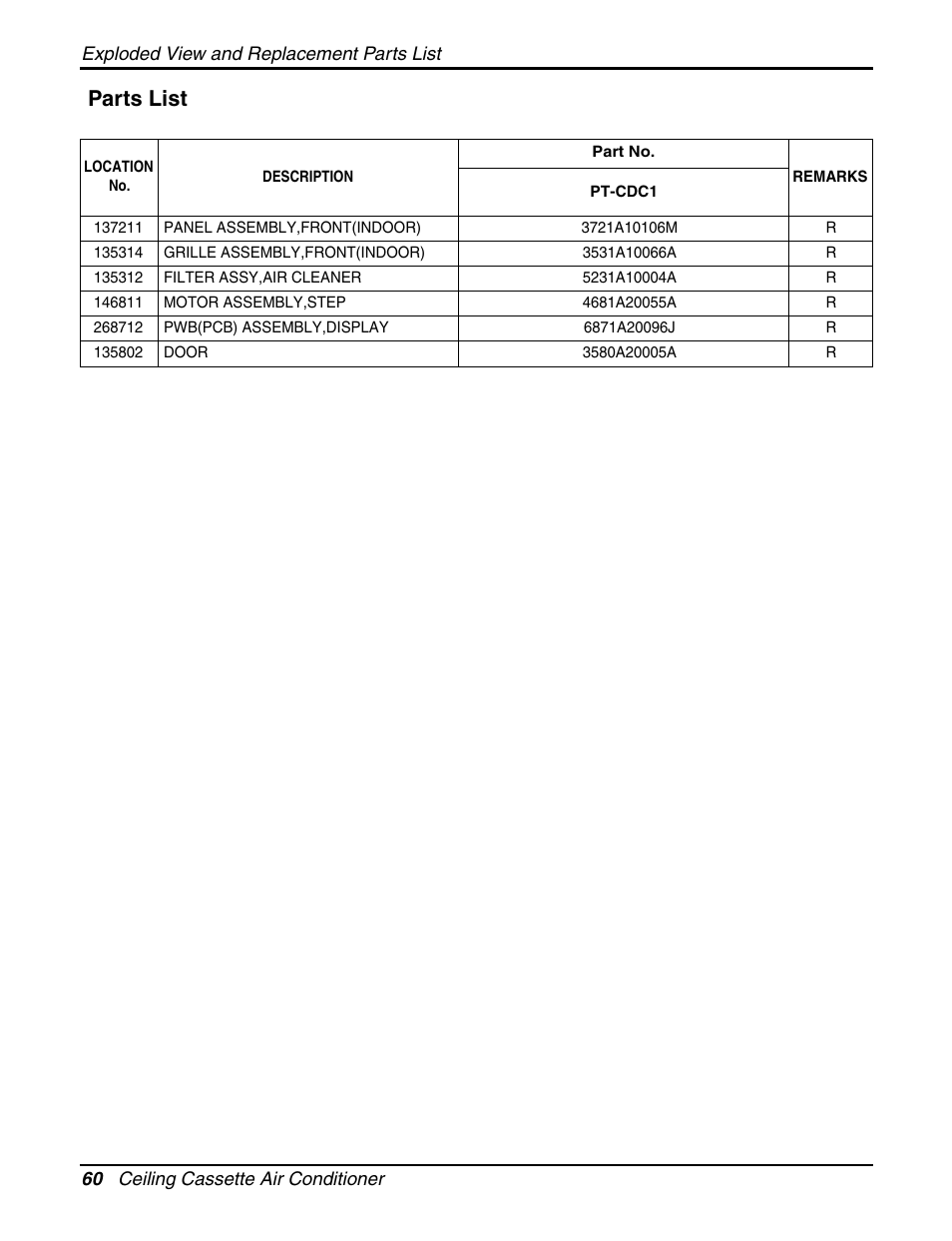 Parts list | LG LCN240CP User Manual | Page 60 / 61