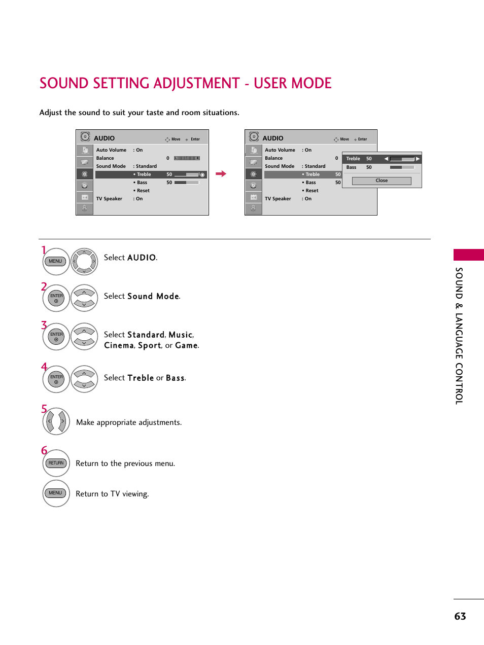 Sound setting adjustment - user mode, Sound & langu a ge contr ol | LG VIDEOSECU SAC30708022 User Manual | Page 65 / 116