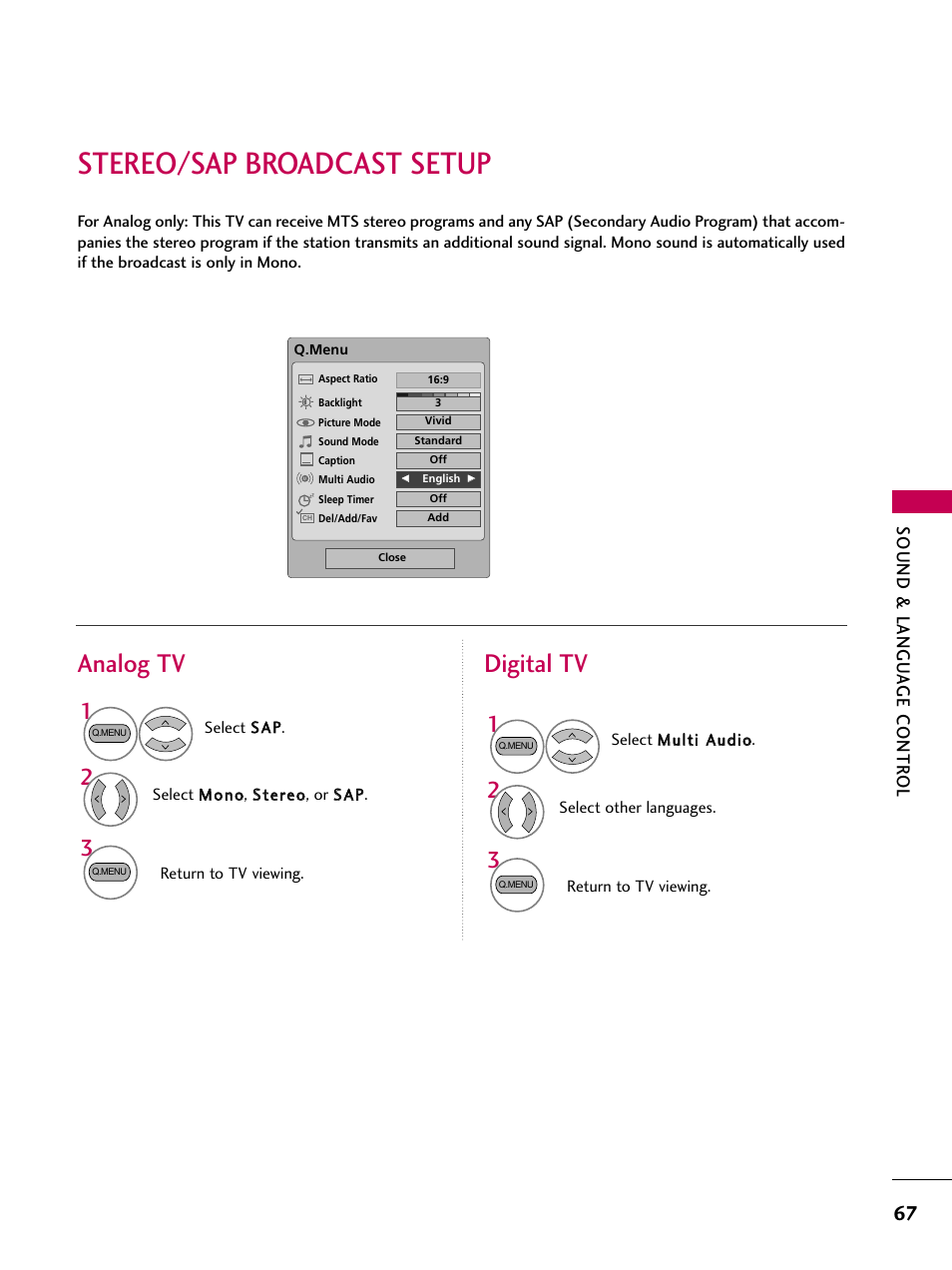 Stereo/sap broadcast setup, Analog tv digital tv, Sound & langu a ge contr ol | LG VIDEOSECU SAC30708022 User Manual | Page 69 / 116