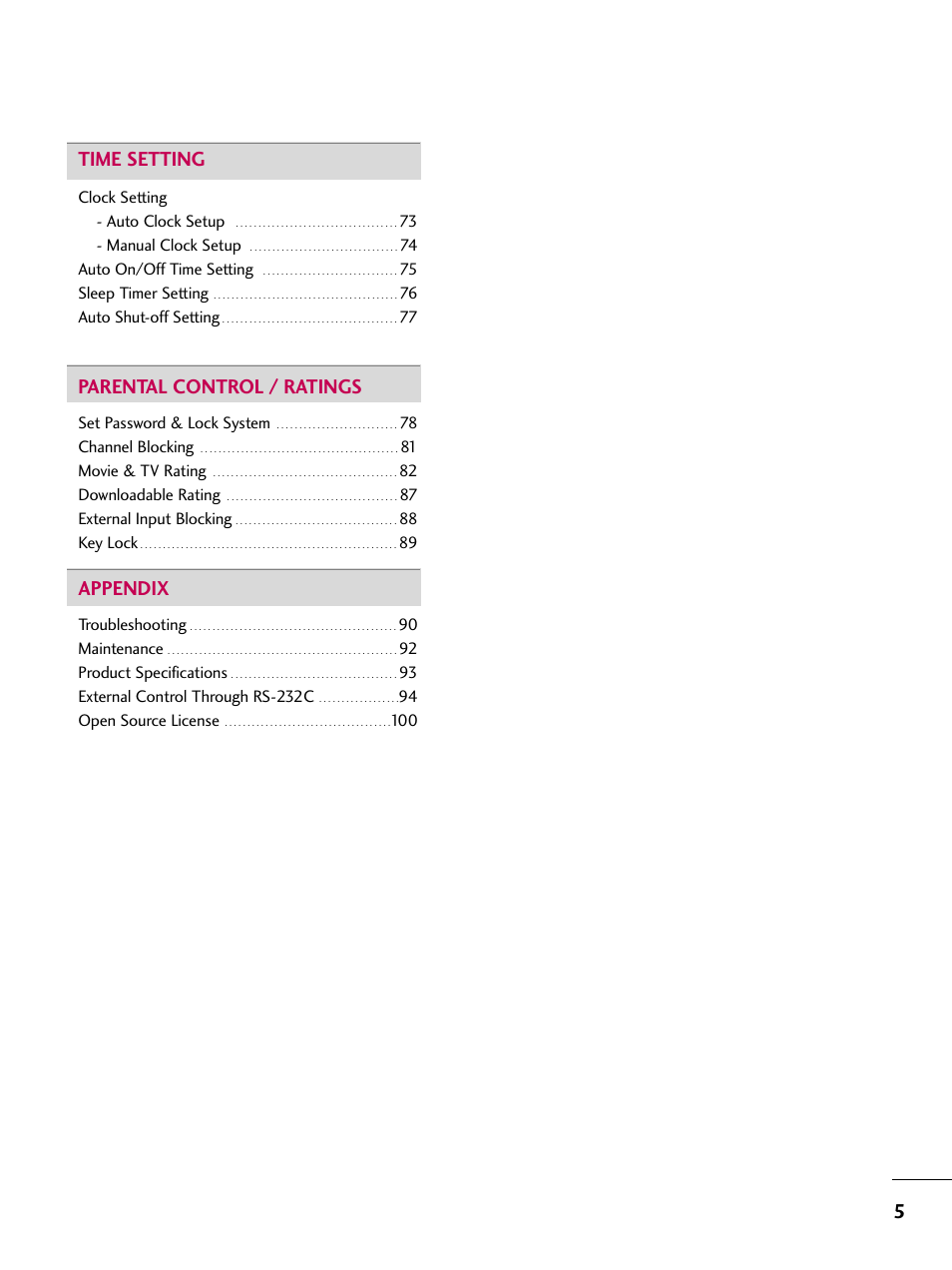 5time setting, Parental control / ratings, Appendix | LG VIDEOSECU SAC30708022 User Manual | Page 7 / 116